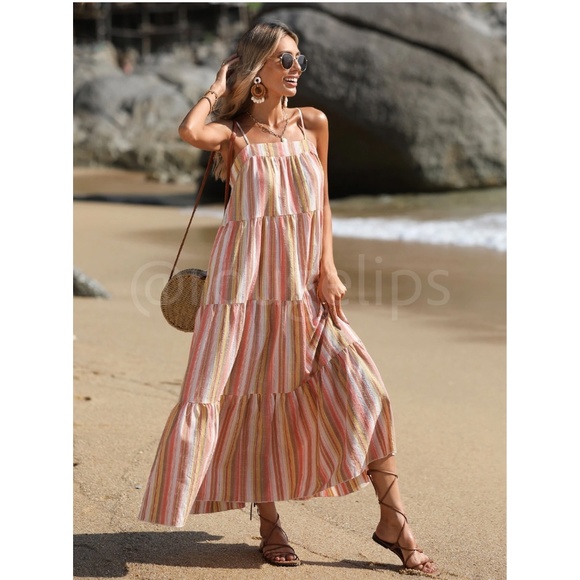 Striped Maxi Dress Flowy Flared A-line Spaghetti Straps Multicolor Long Ruffle - Picture 4 of 7